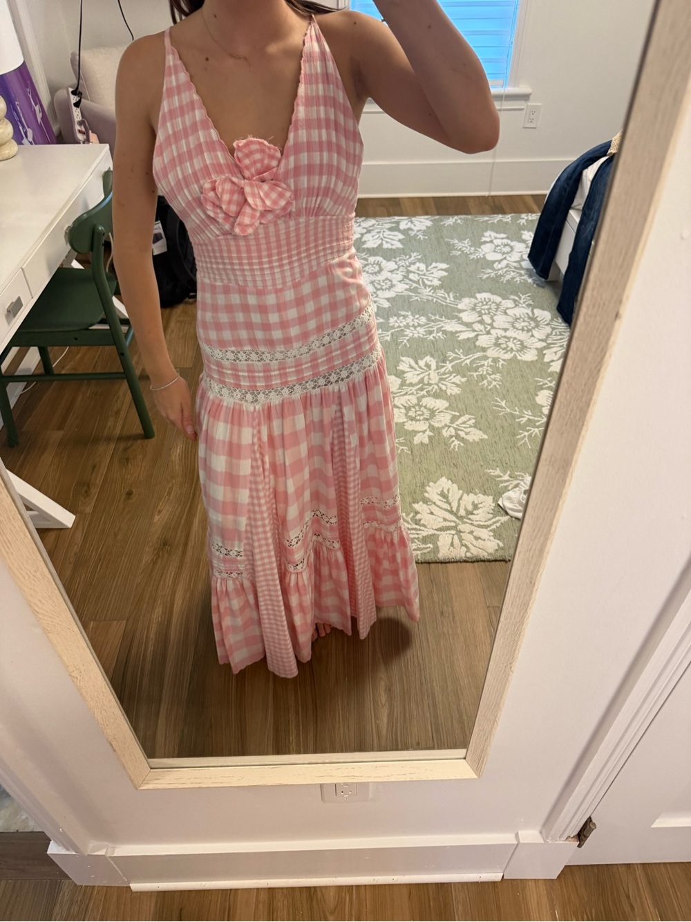 LoveShackFancy Pink Gingham Lace-Trim Maxi Dress - Picture 2 of 5